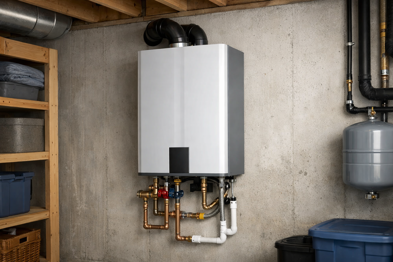 Tankless water heater installation Montreal home basement wall mount